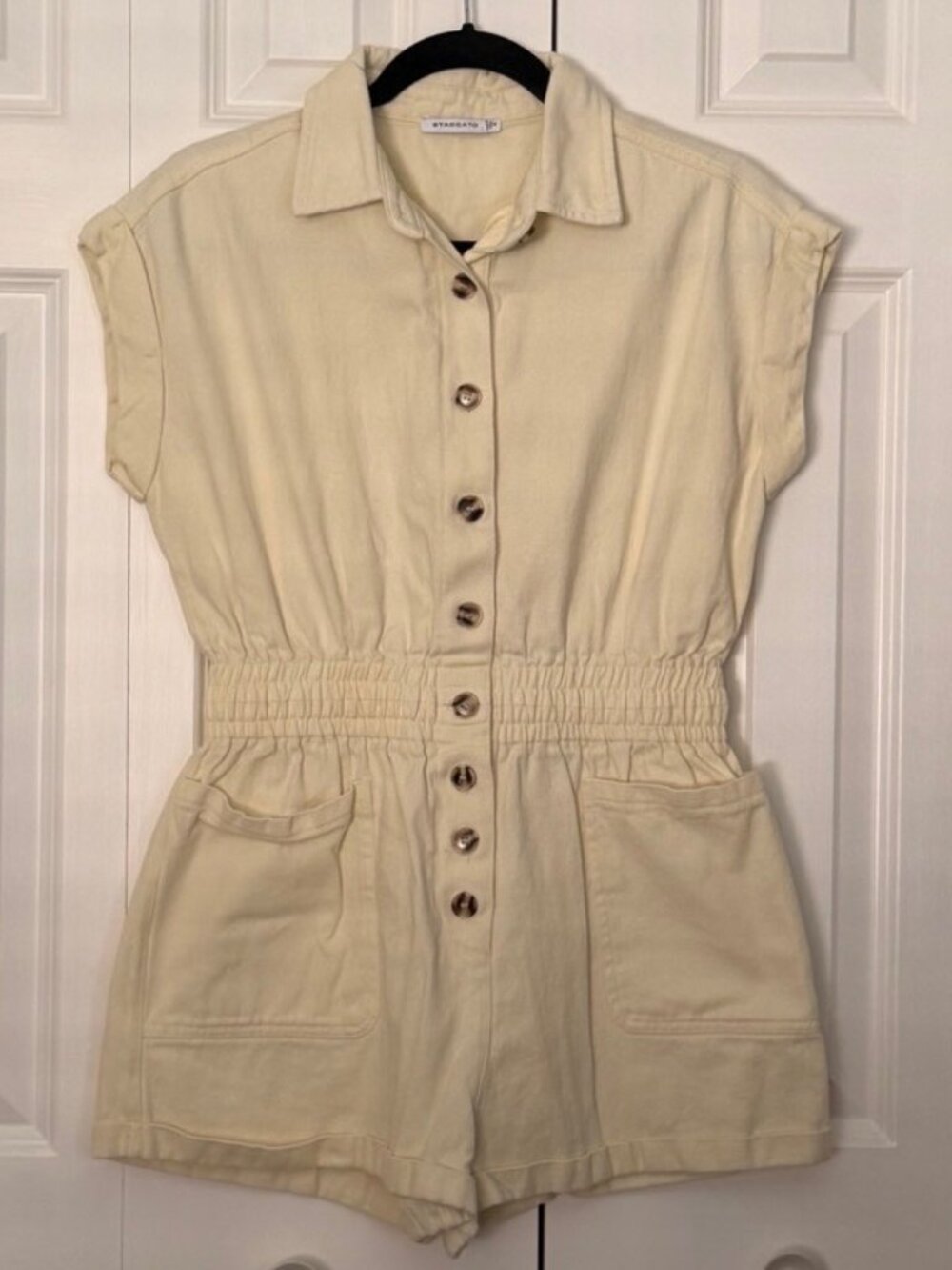 Staccato Beige Button-Front Utility Romper - Size S